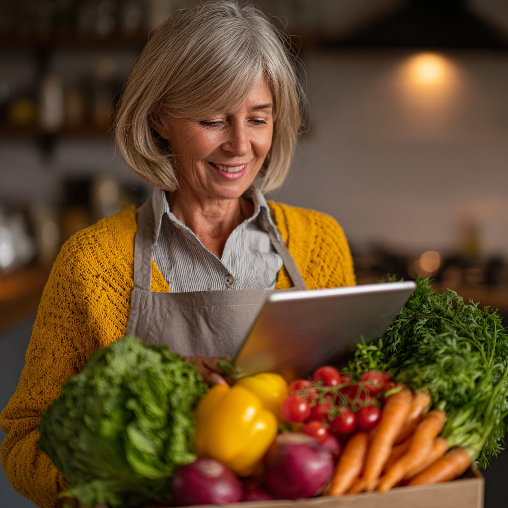 Жінка віком 54 років з посмішкою тримає планшет з програмою харчування на 7 днів, демонструючи легкість використання сервісу