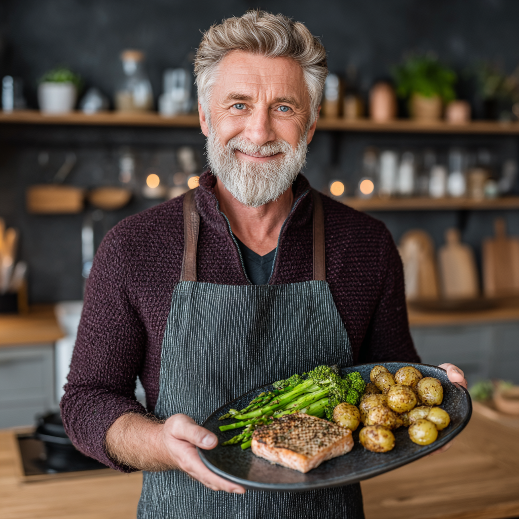 Чоловік віком 55 років тримає тарілку зі здоровою їжею та посміхається, демонструючи результат персонального планування харчування