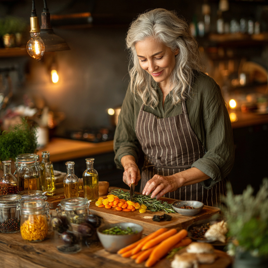 Жінка віком 58 років готує здорову їжу на кухні, демонструючи різні інгредієнти для різних типів дієт
