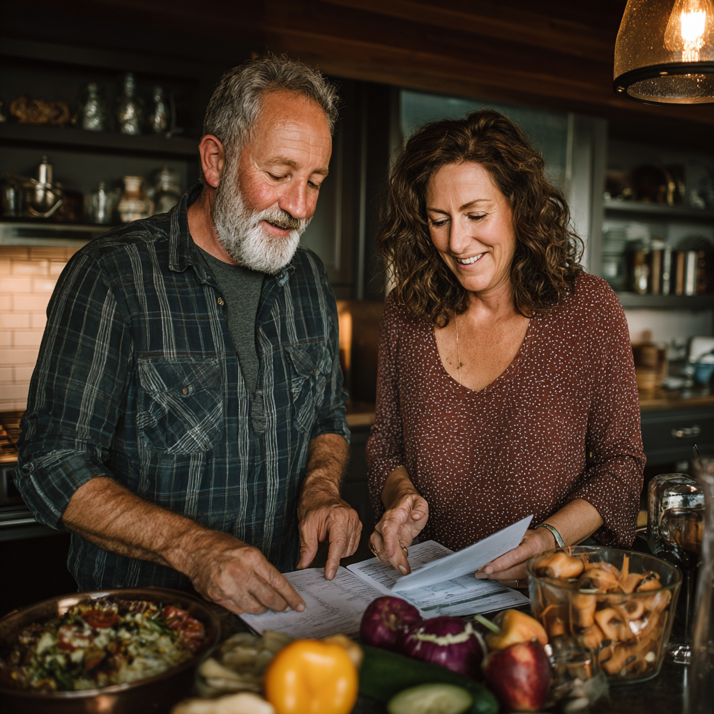 Подружжя віком 52-57 років разом готує персоналізоване меню на кухні, демонструючи сімейний підхід до здорового харчування
